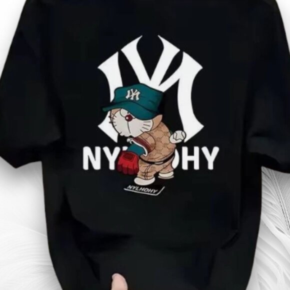 Black Graphic T-Shirt with Cartoon Cat and NY Design – Unisex Streetwear Tee - Picture 2 of 6